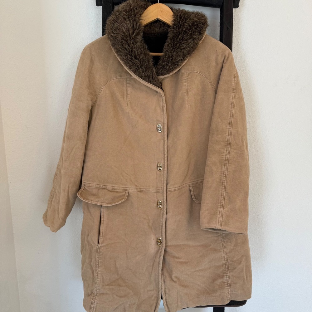 Vintage Forecaster of Boston Womens Tan Faux‎ Fur Trimmed Winter Coat Size 18